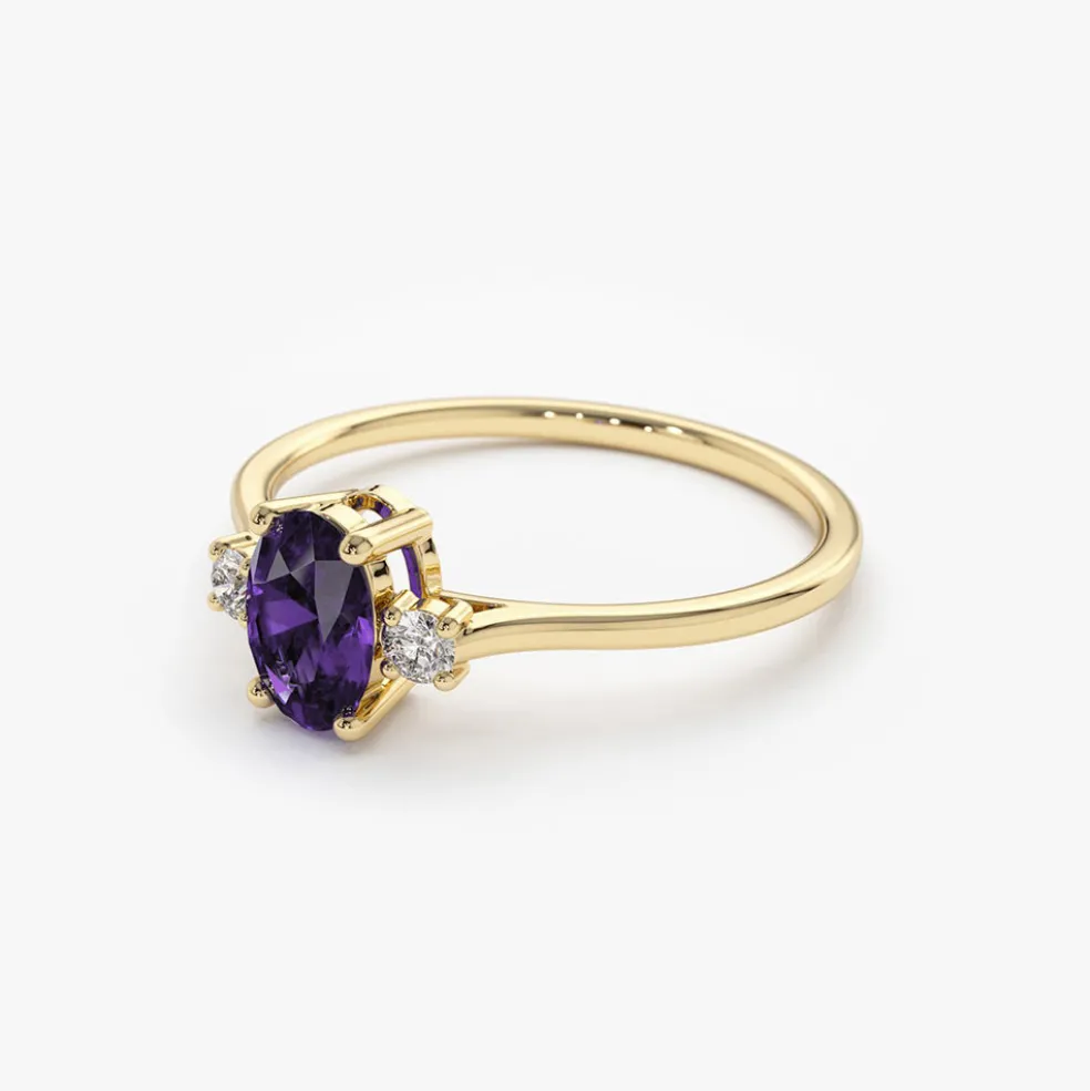 14K Gold Oval Shape Amethyst and Diamond 3 Stone Ring