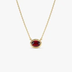 14K Gold Oval Shape Bezel Set Garnet Necklace