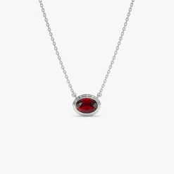 14K Gold Oval Shape Bezel Set Garnet Necklace