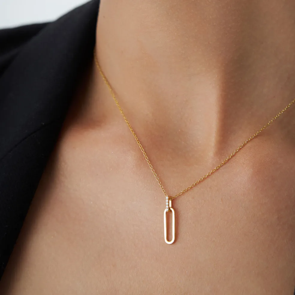 14k Gold Paper Clip Link Pendant Necklace