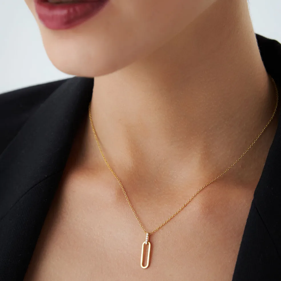 14k Gold Paper Clip Link Pendant Necklace