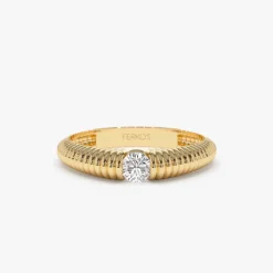 14k Gold Ribbed Gold Solitaire Diamond Ring