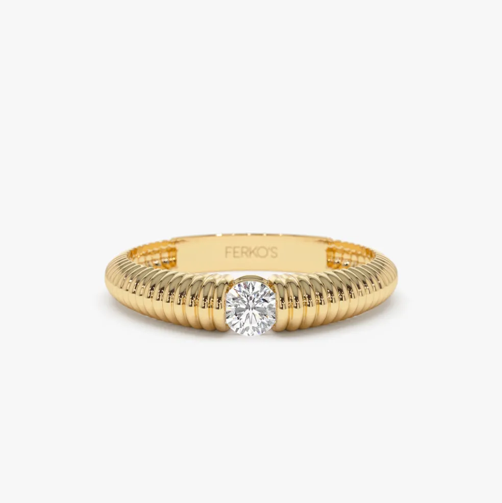 14k Gold Ribbed Gold Solitaire Diamond Ring