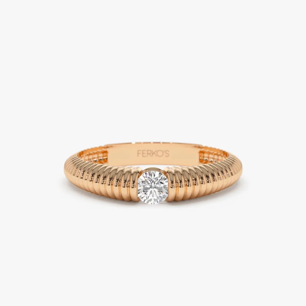 14k Gold Ribbed Gold Solitaire Diamond Ring