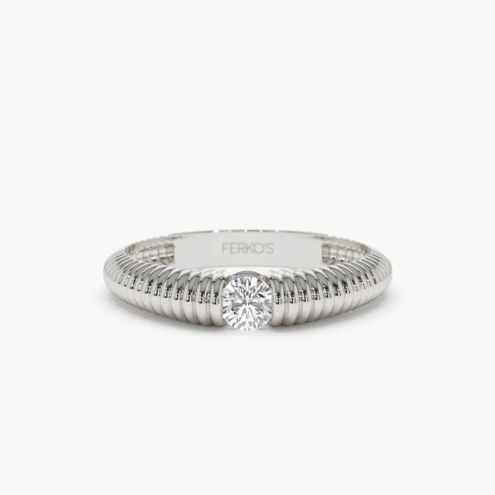14k Gold Ribbed Gold Solitaire Diamond Ring