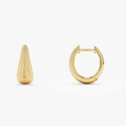 14k Gold Ribbed Teardrop Hoop Earrings