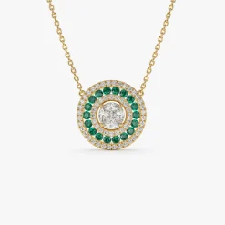 14K Gold Round Diamond Emerald Necklace