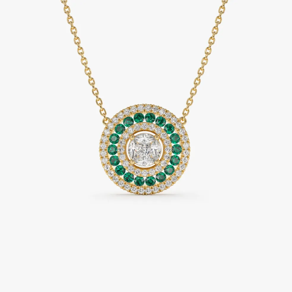 14K Gold Round Diamond Emerald Necklace