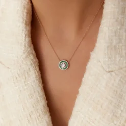 14K Gold Round Diamond Emerald Necklace