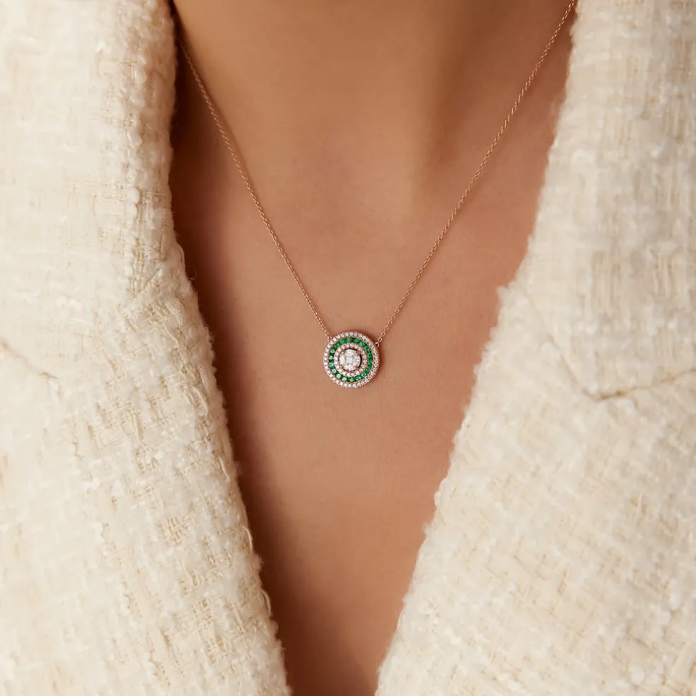 14K Gold Round Diamond Emerald Necklace