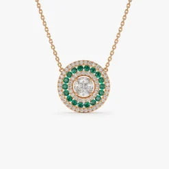 14K Gold Round Diamond Emerald Necklace