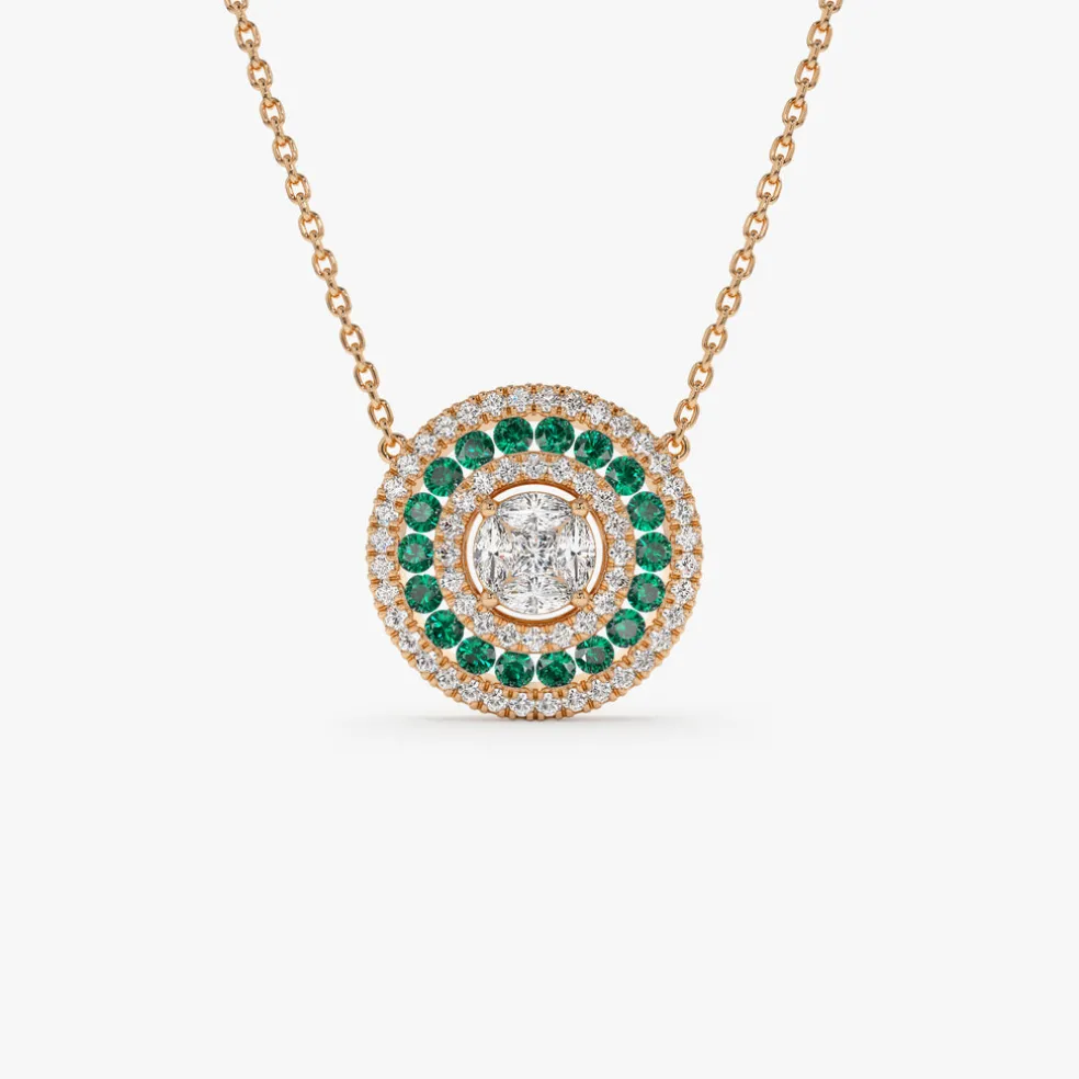 14K Gold Round Diamond Emerald Necklace