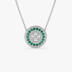 14K Gold Round Diamond Emerald Necklace