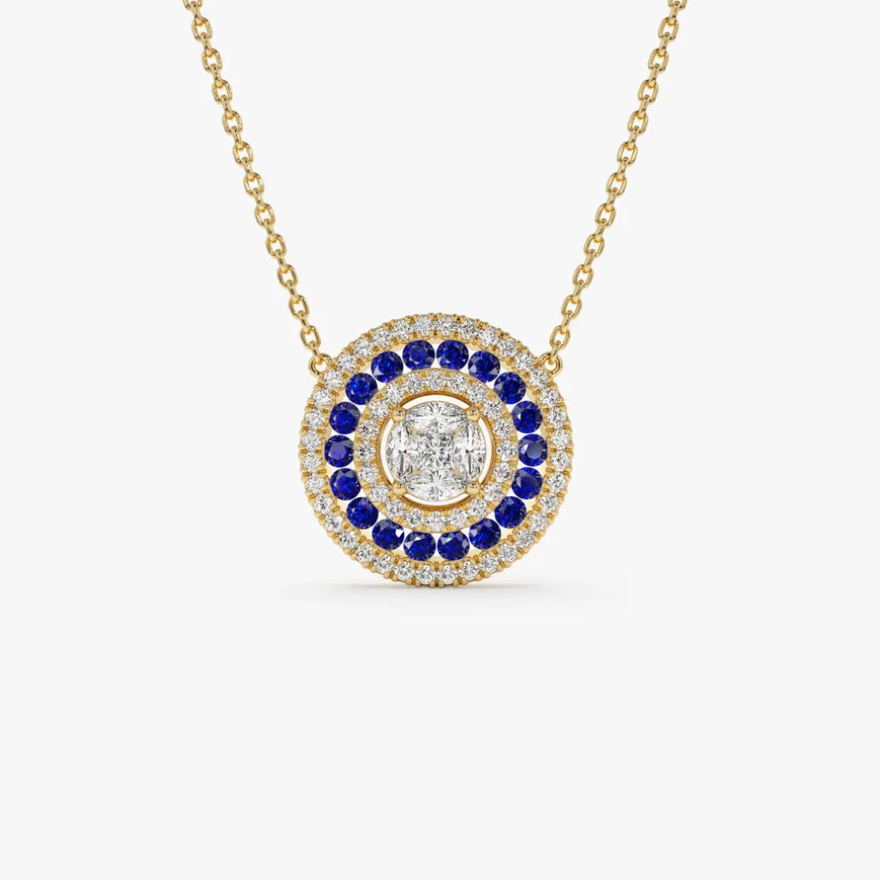 14K Gold Round Diamond Sapphire Necklace