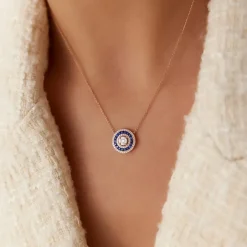 14K Gold Round Diamond Sapphire Necklace