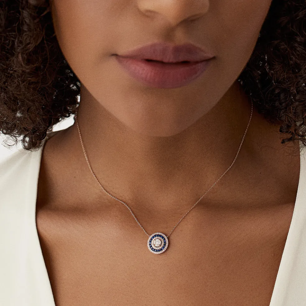 14K Gold Round Diamond Sapphire Necklace