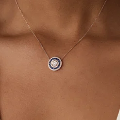 14K Gold Round Diamond Sapphire Necklace