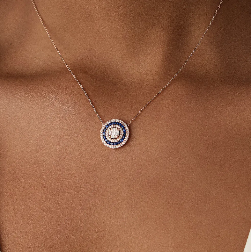 14K Gold Round Diamond Sapphire Necklace