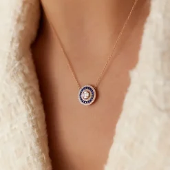 14K Gold Round Diamond Sapphire Necklace