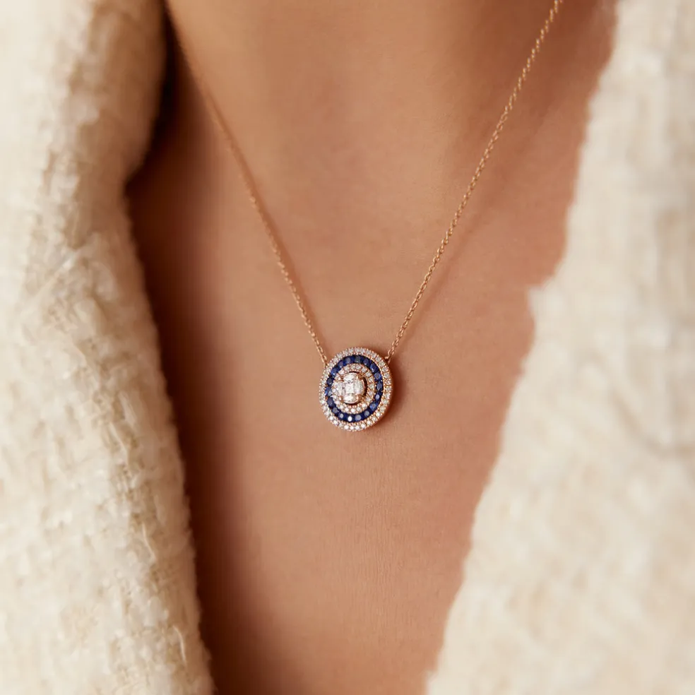 14K Gold Round Diamond Sapphire Necklace
