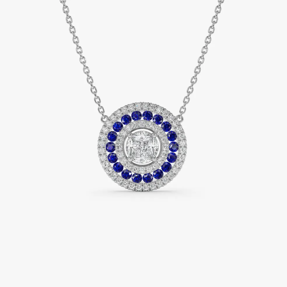 14K Gold Round Diamond Sapphire Necklace