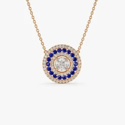 14K Gold Round Diamond Sapphire Necklace