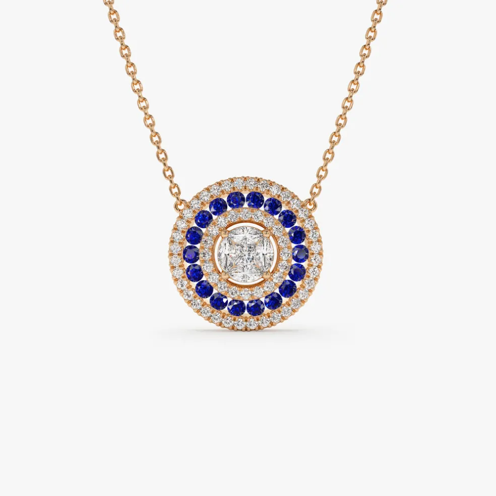 14K Gold Round Diamond Sapphire Necklace