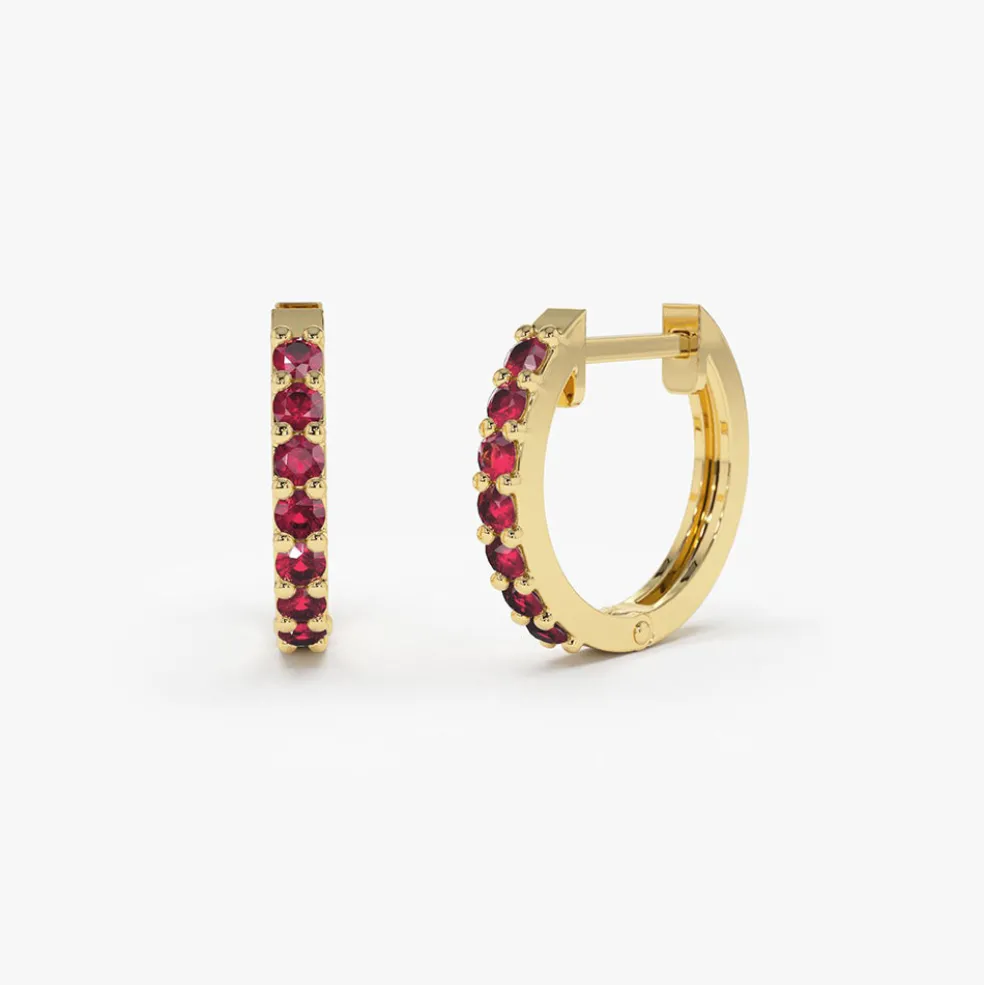 14K Gold Ruby Huggie Hoop Earrings