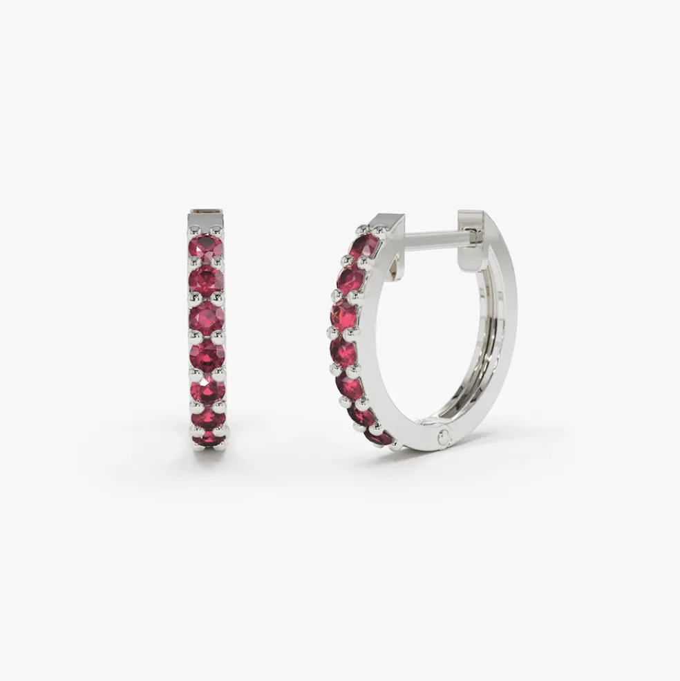 14K Gold Ruby Huggie Hoop Earrings