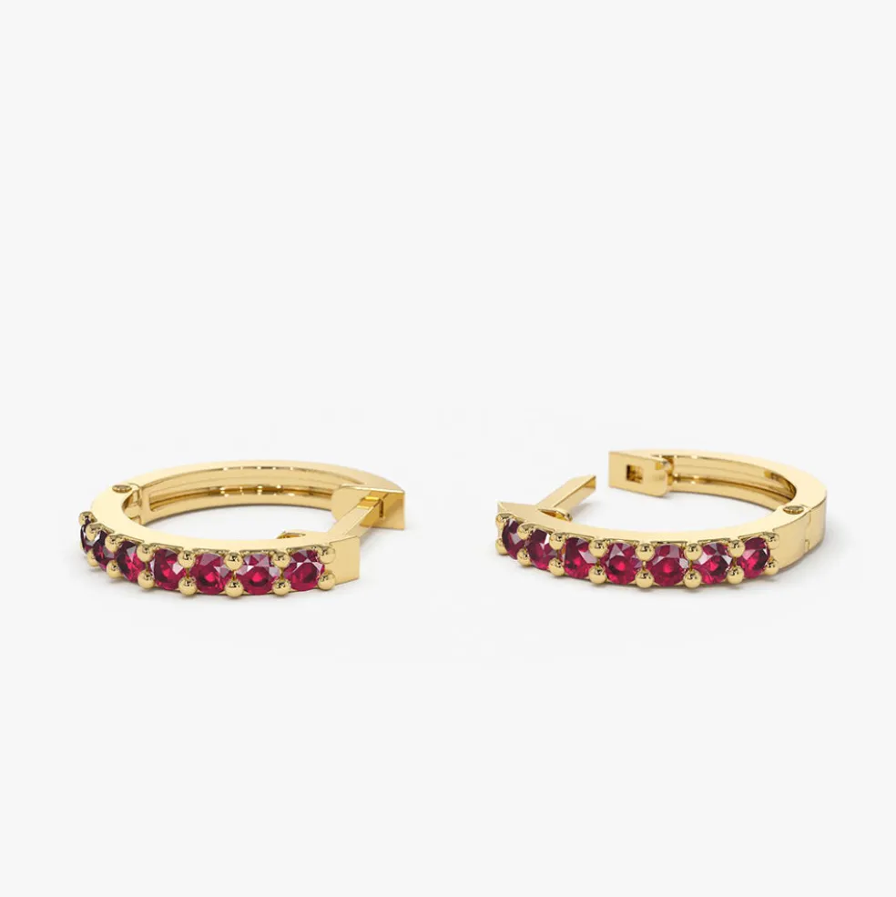 14K Gold Ruby Huggie Hoop Earrings