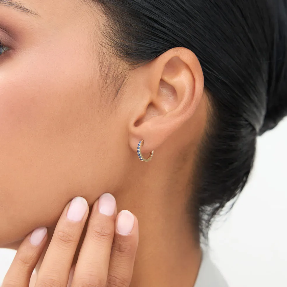 14K Gold Sapphire Huggie Hoop Earrings