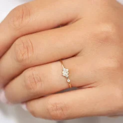 14K Gold Slanted Baguette and Round Diamond Ring