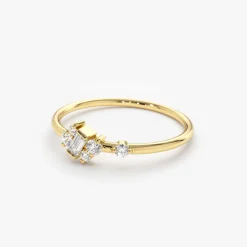 14K Gold Slanted Baguette and Round Diamond Ring