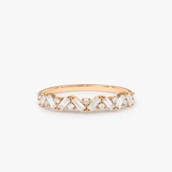 14K Gold Slanted Baguette and Round Diamond Ring