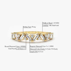 14K Gold Slanted Baguette and Round Diamond Ring