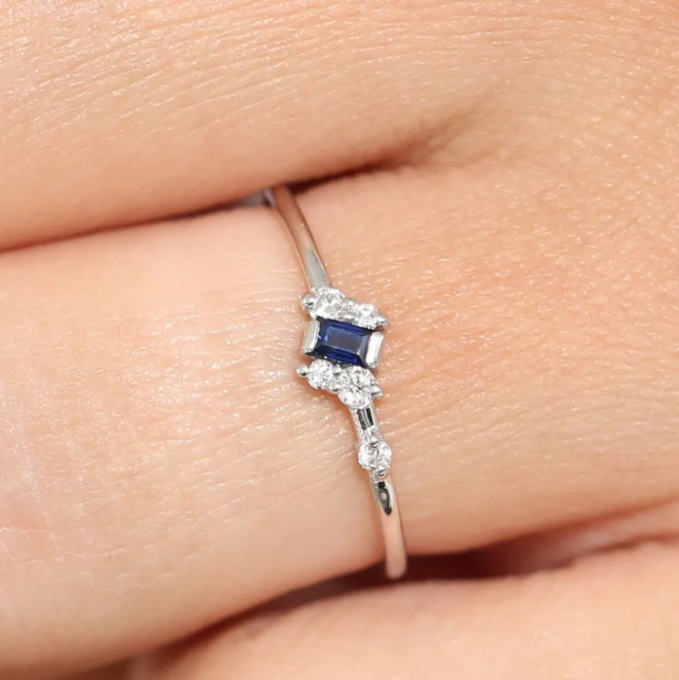14K Gold Slanted Baguette Sapphire Ring