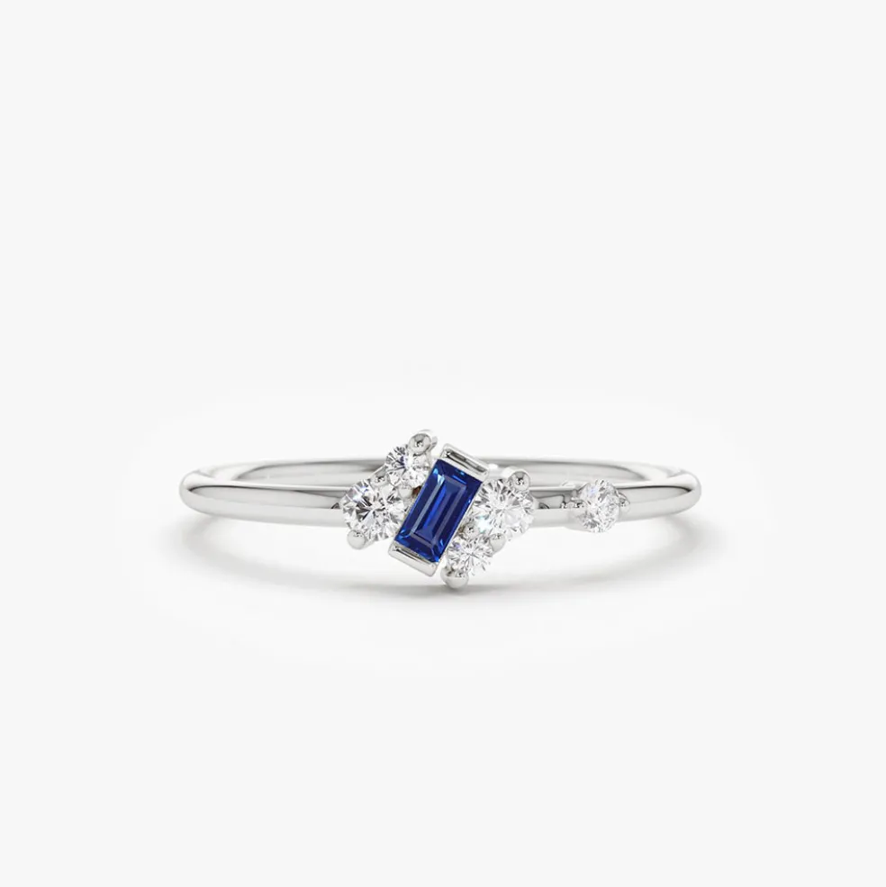 14K Gold Slanted Baguette Sapphire Ring