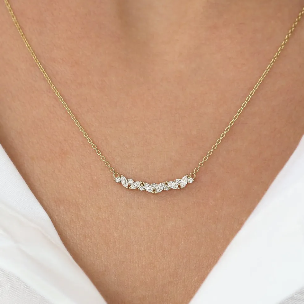 14K Gold Slanted Marquise and Round Diamond Necklace