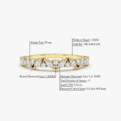 14K Gold Slanted Marquise and Round Diamond Ring