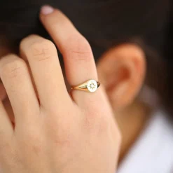 14K Gold Starburst Diamond Signet Ring