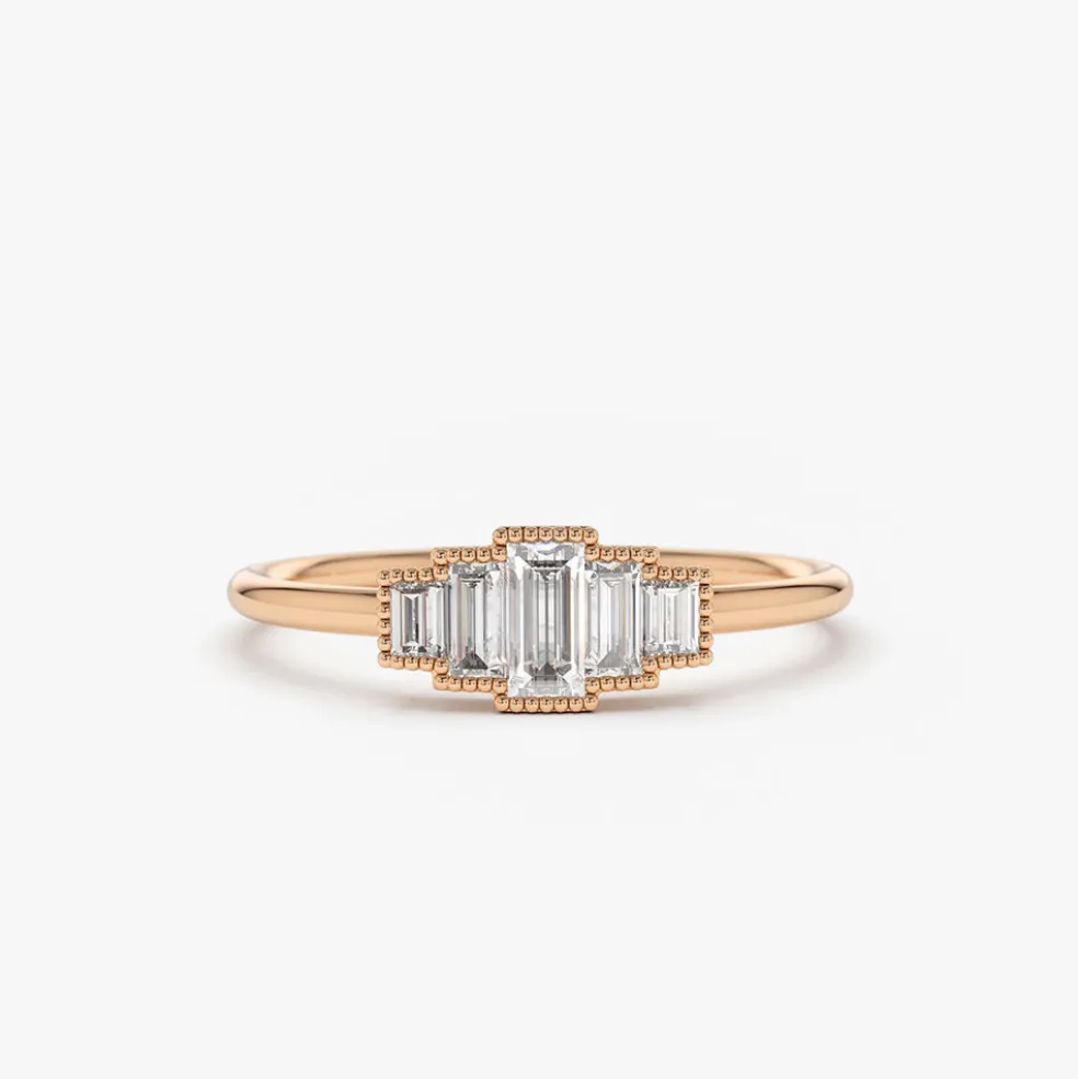 14K Gold Step Cut Baguette Diamond Ring