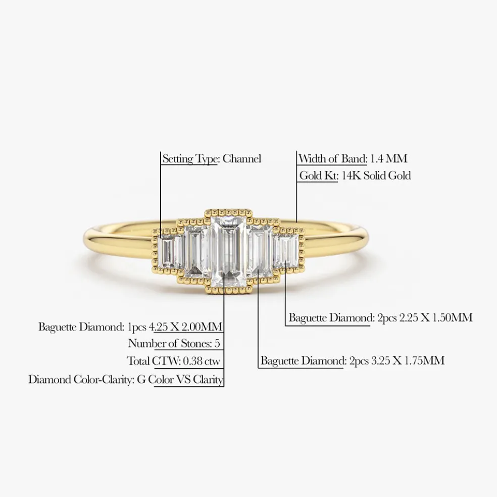 14K Gold Step Cut Baguette Diamond Ring