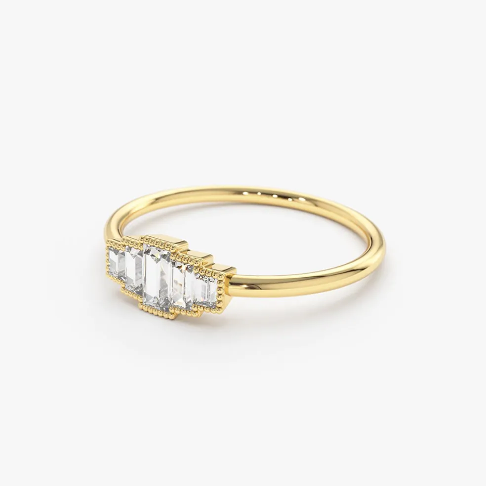 14K Gold Step Cut Baguette Diamond Ring