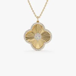 14K Gold Textured Diamond Clover Charm Pendant