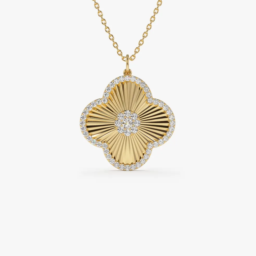 14K Gold Textured Diamond Clover Charm Pendant