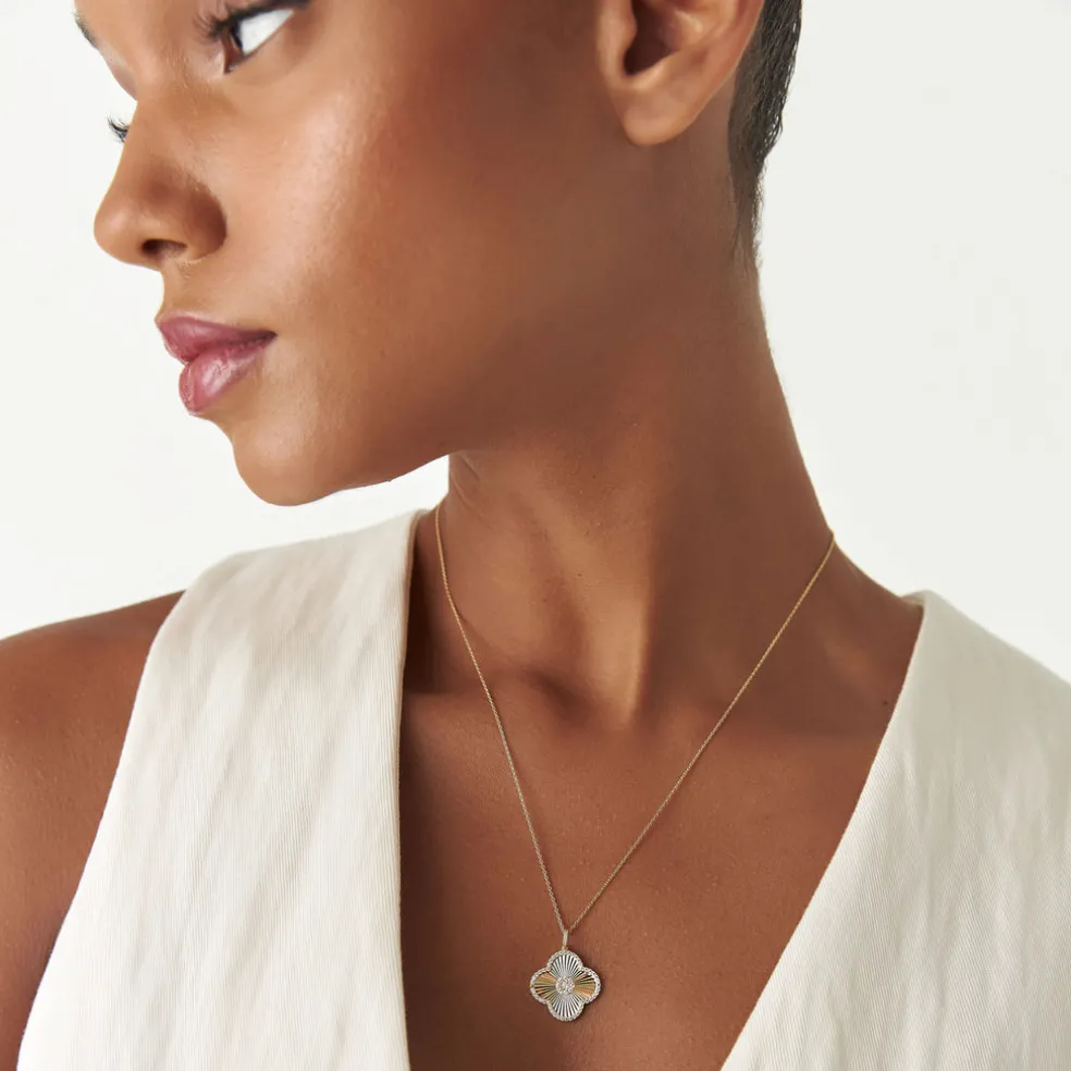 14K Gold Textured Diamond Clover Charm Pendant