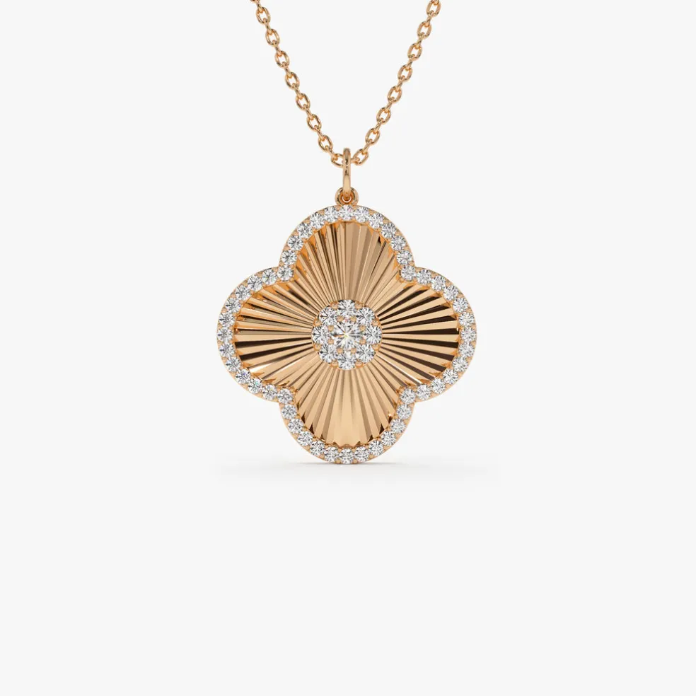 14K Gold Textured Diamond Clover Charm Pendant