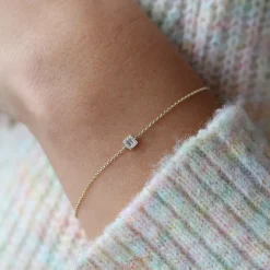 14K Gold Tiny Baguette and Round Diamond Station Bracelet
