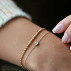 14K Gold Tiny Baguette and Round Diamond Station Bracelet