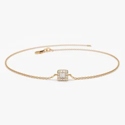 14K Gold Tiny Baguette and Round Diamond Station Bracelet